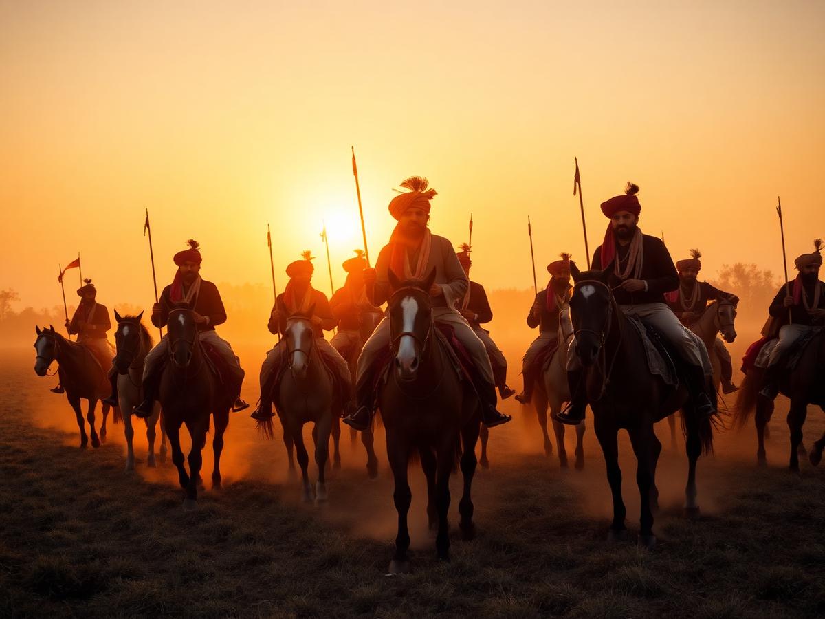 Tent pegging riders with lances gathered on a field at sunset