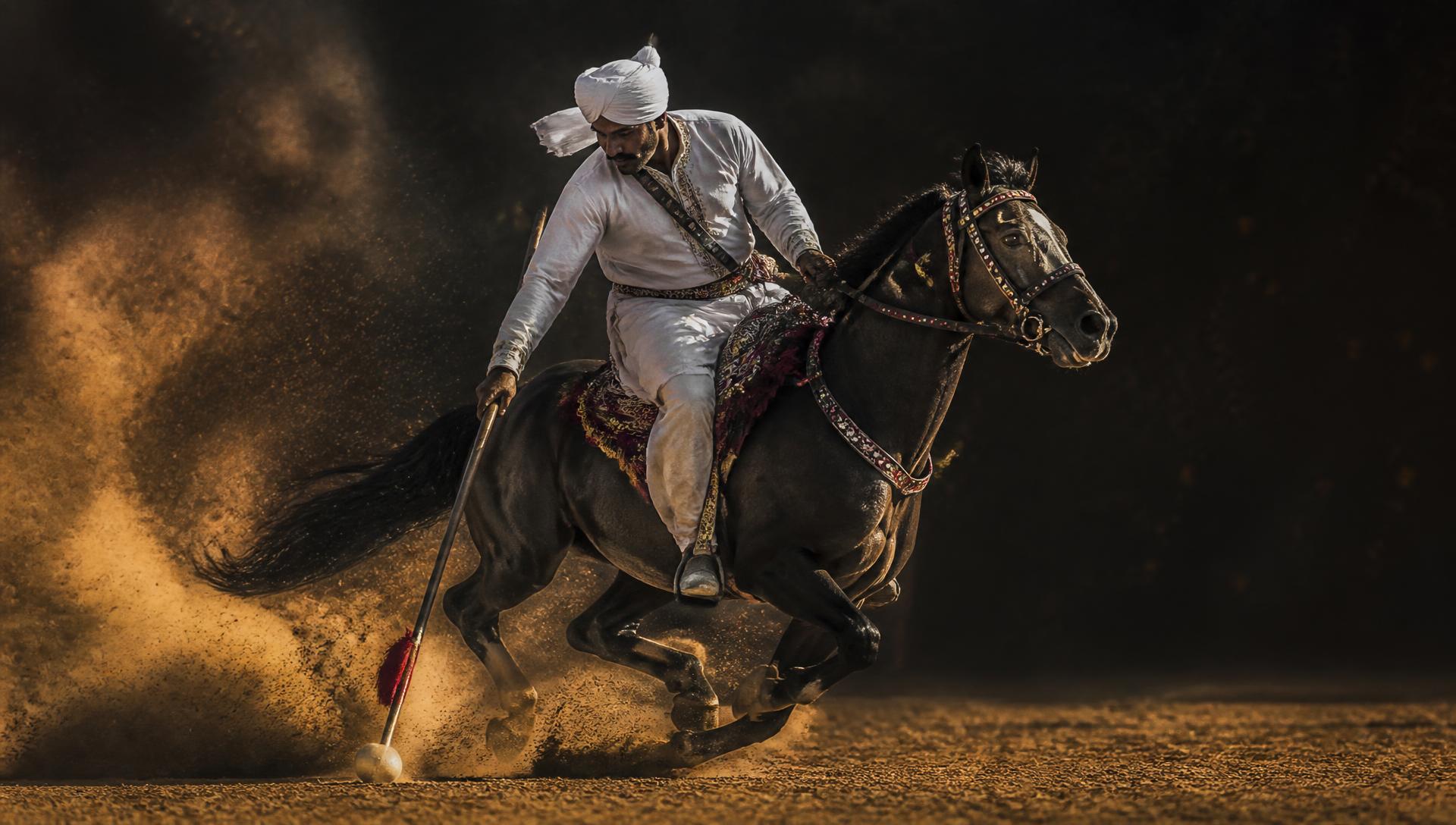 Tent pegging rider galloping through golden dust with lance lowered