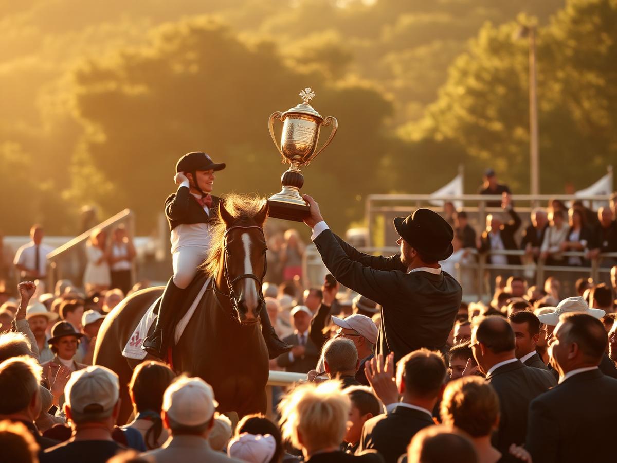 Rider lifting a trophy above a cheering crowd in golden light