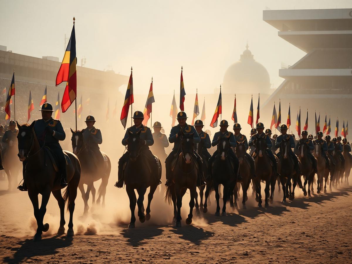 Mounted riders carrying flags in a parade formation across the arena