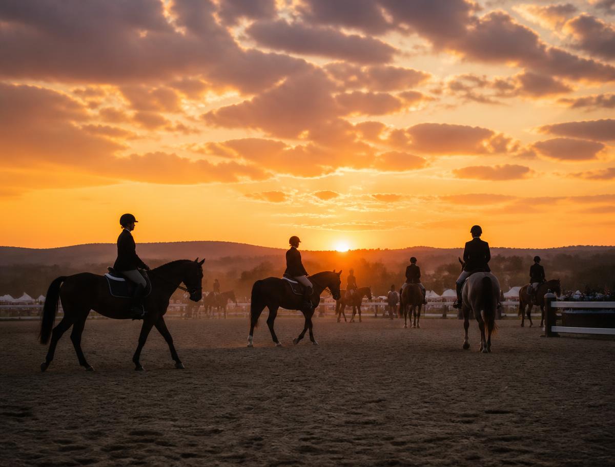 Riders and horses leaving the arena as the sun sets