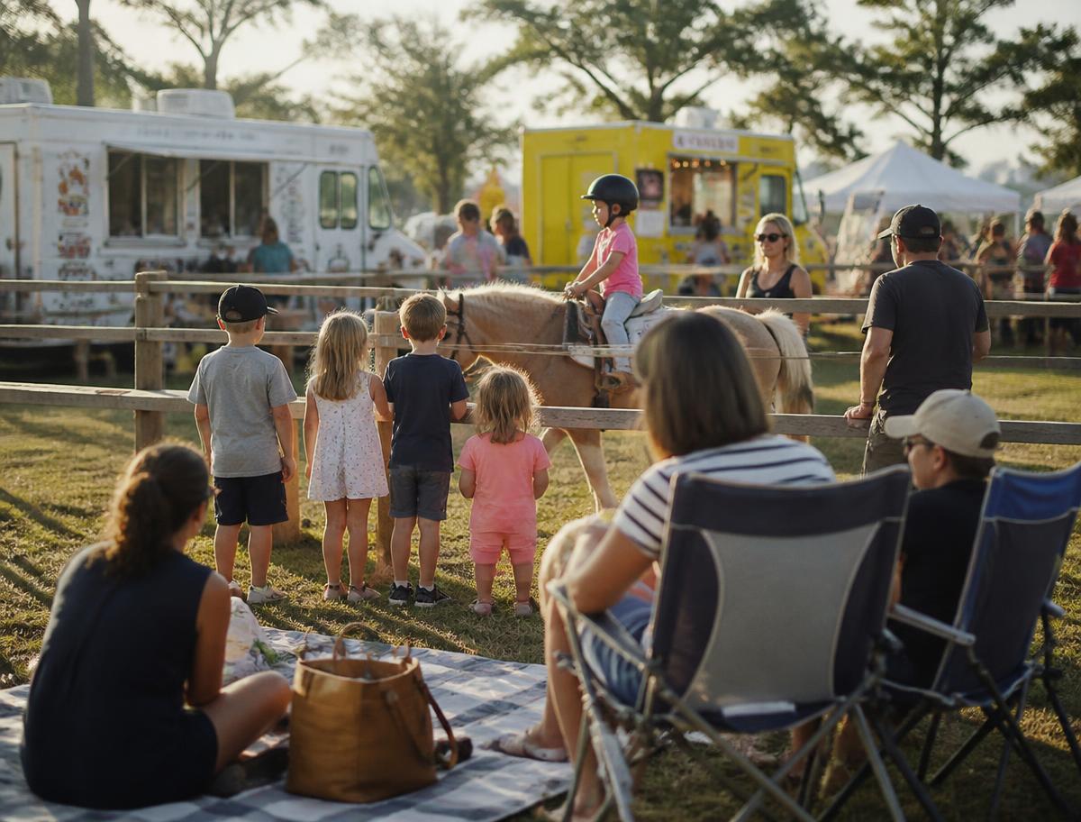 Families enjoying food trucks, pony rides, and kids activities on the festival lawn