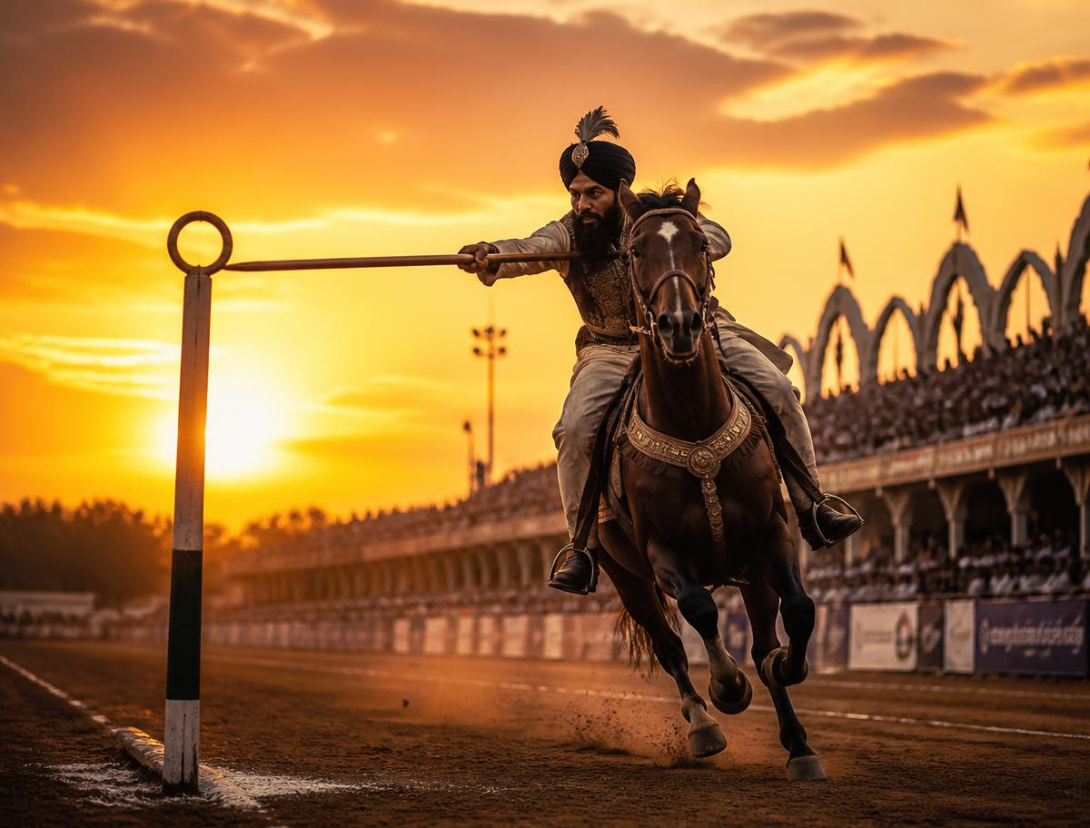 Championship tent pegging rider galloping at sunset in a packed arena