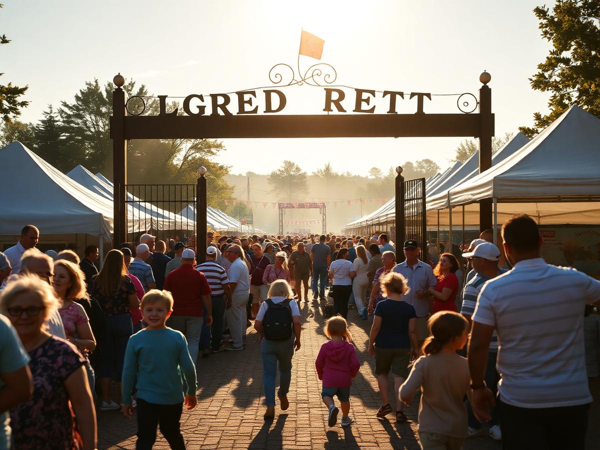 Families walking through the festival gates past vendor tents in morning light